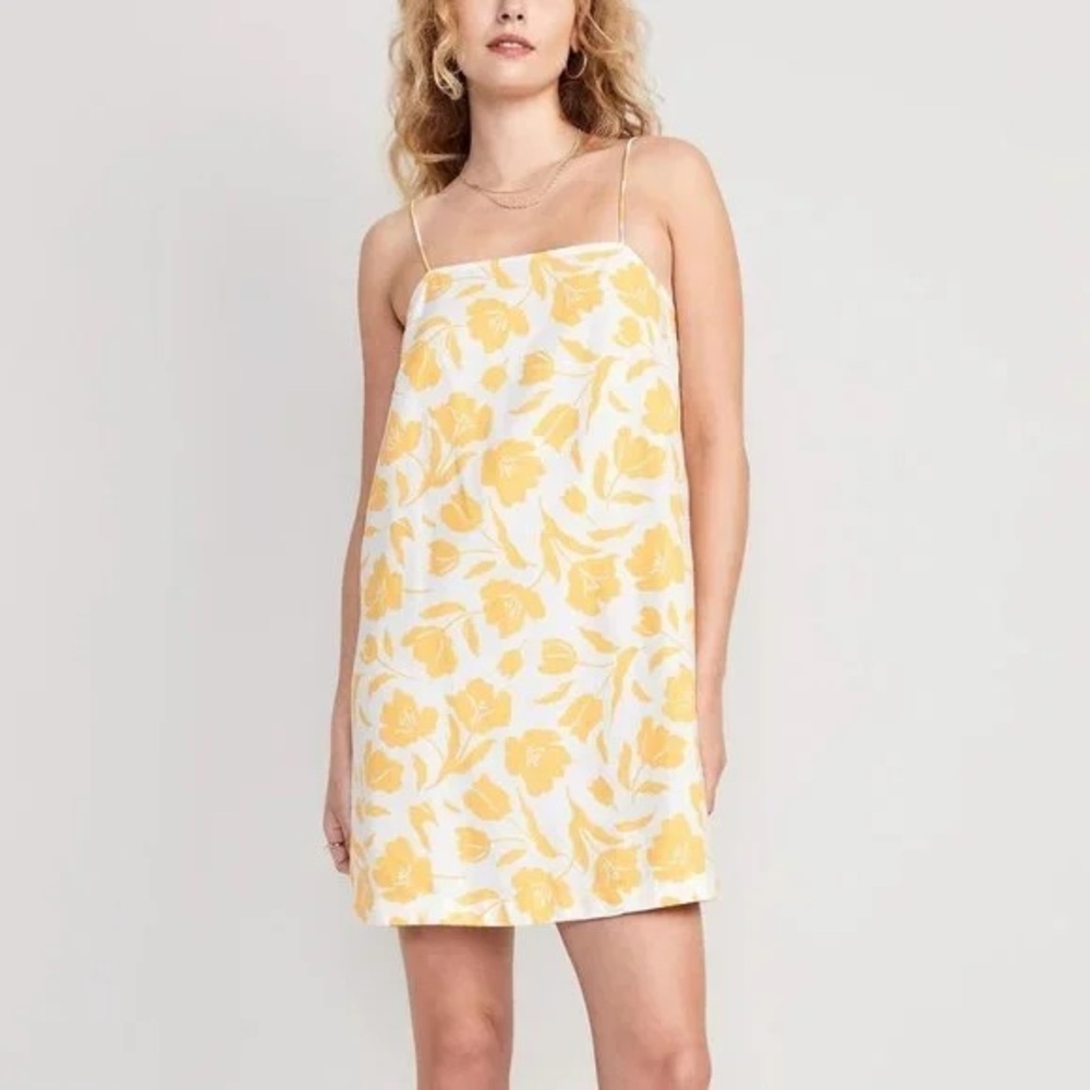 Old Navy Sleeveless Square-Neck Mini Dress, Linen Blend, Yellow Floral, Small
